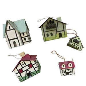 Martha Stewart Vintage Putz Paper House Ornament Decor Lot Set Glitter Cottage